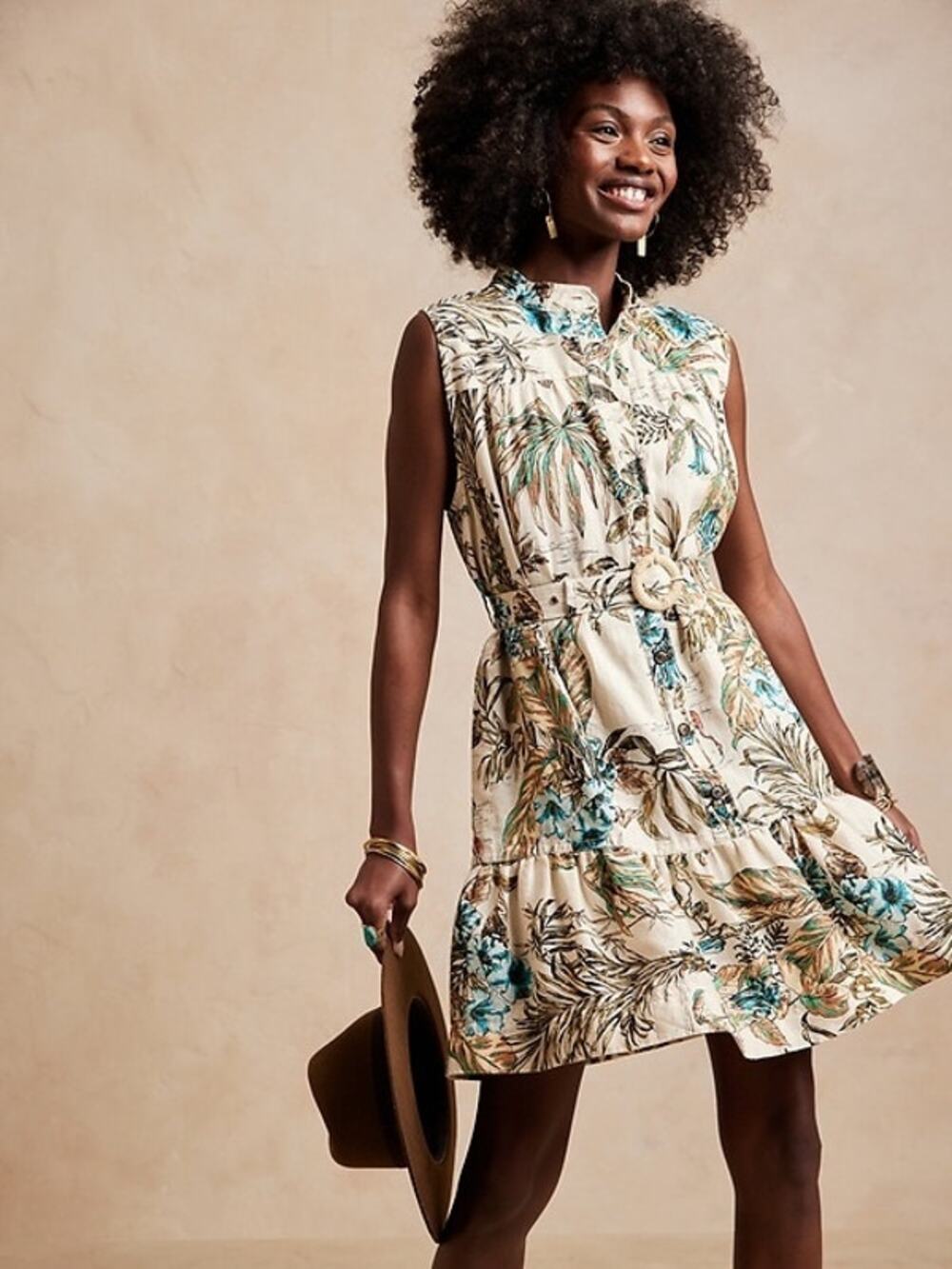 Banana Republic 100% Linen Sleeveless Tropical Rainforest Flounce Dress Wmns S